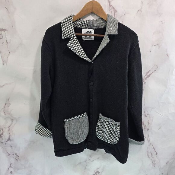 Storybook Knits Sweater Womens Large Black Houndstooth Striped Artsy Blazer - Picture 1 of 11
